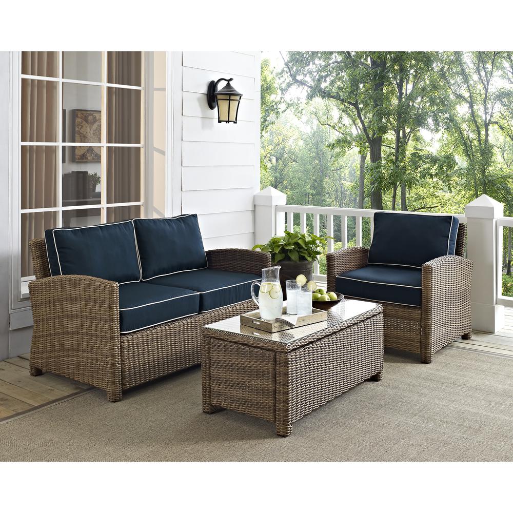 Bradenton 3Pc Outdoor Wicker Conversation Set Navy/Weathered Brown - Loveseat, Arm Chair, & Coffee Table. Picture 15