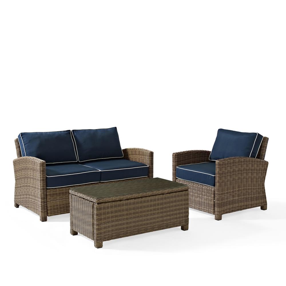 Bradenton 3Pc Outdoor Wicker Conversation Set Navy/Weathered Brown - Loveseat, Arm Chair, Glass Top Table. The main picture.