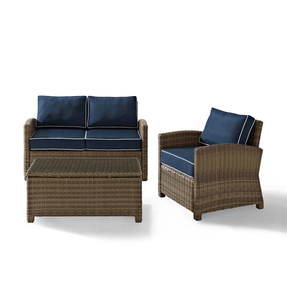 Bradenton 3Pc Outdoor Wicker Conversation Set Navy/Weathered Brown - Loveseat, Arm Chair, & Coffee Table. Picture 16