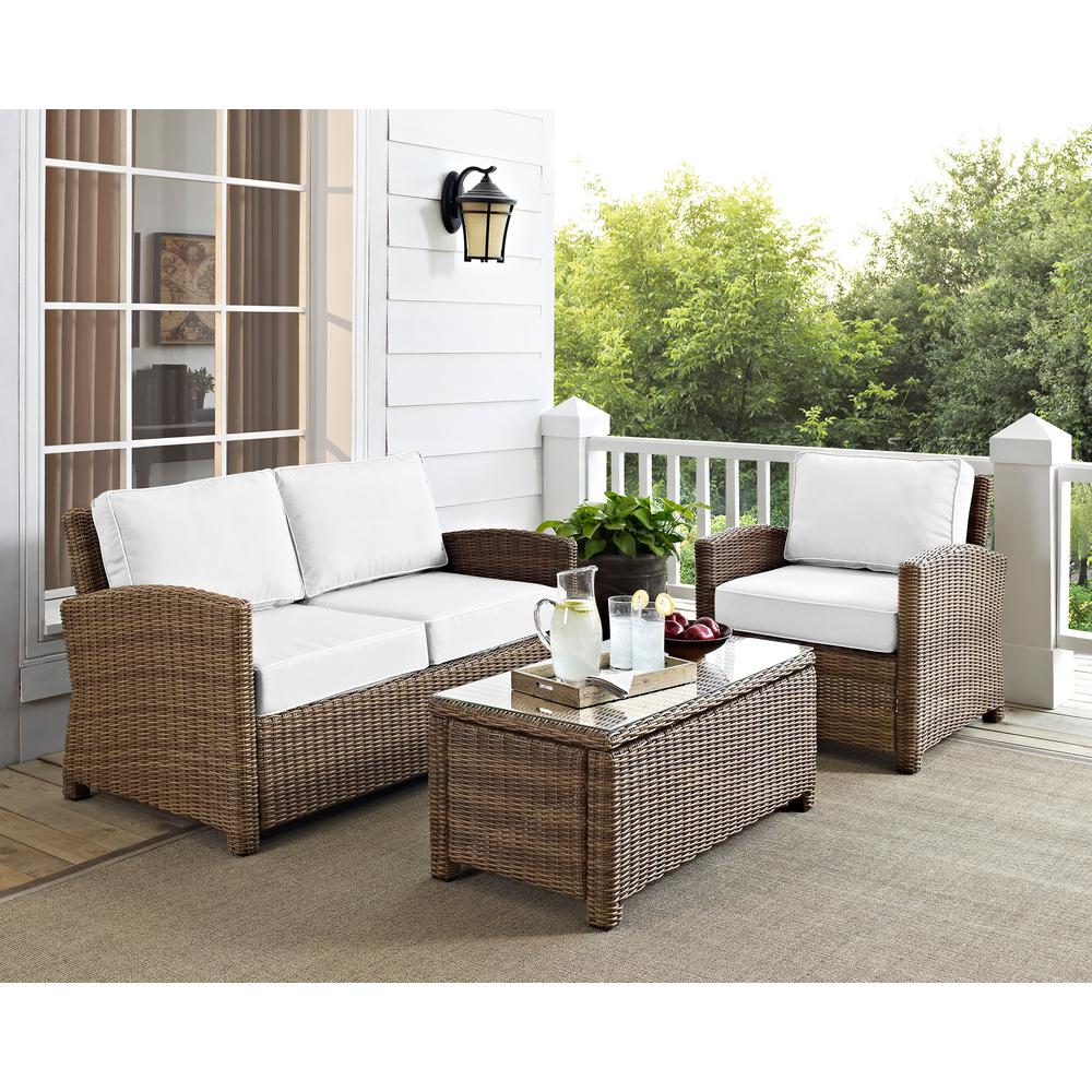 Bradenton 3Pc Outdoor Conversation Set - Sunbrella White/Weathered Brown - Loveseat, Arm Chair, & Coffee Table. Picture 1