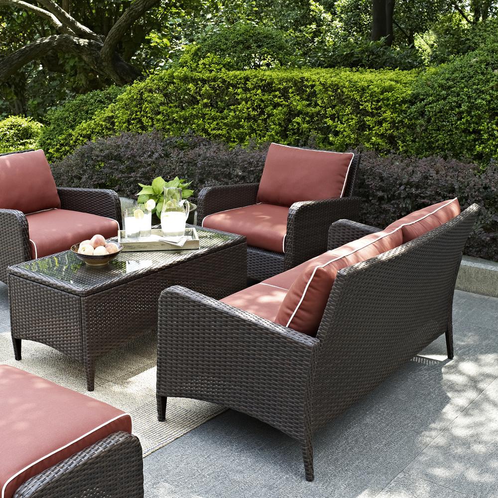 Kiawah 4Pc Outdoor Wicker Conversation Set Sangria/Brown - Loveseat, 2 Arm Chairs & Coffee Table. Picture 5