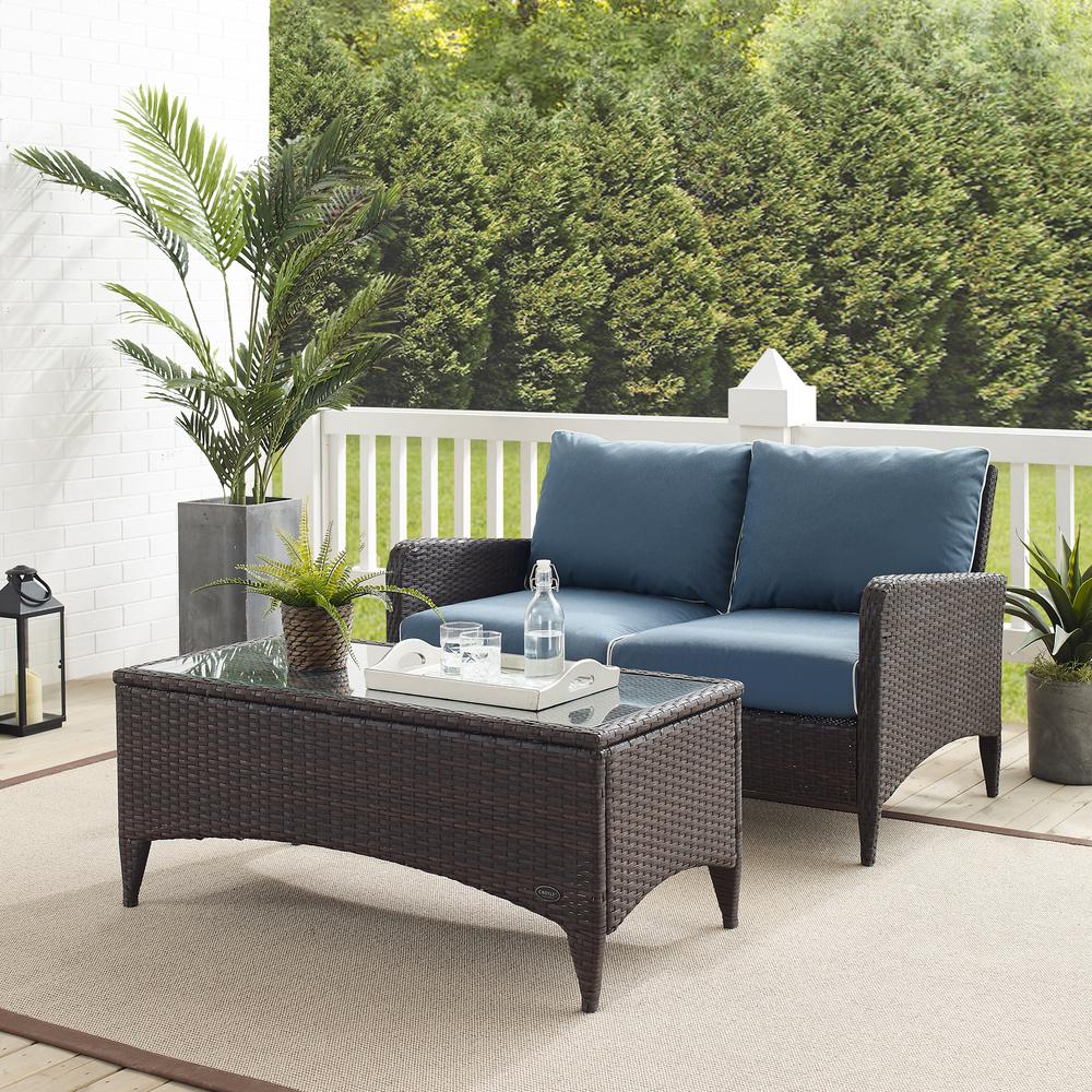 Kiawah 2Pc Outdoor Wicker Conversation Set Blue/Brown - Loveseat & Coffee Table. Picture 8