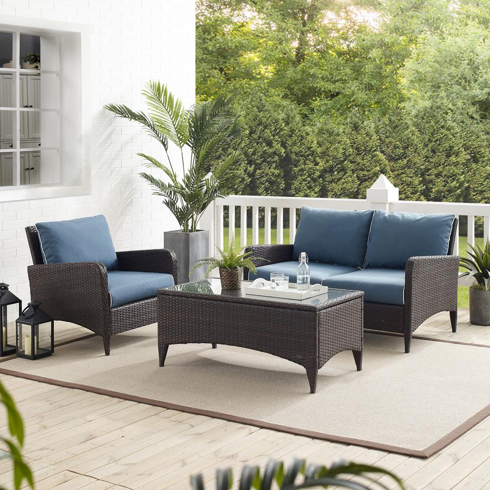 Kiawah 3Pc Outdoor Wicker Conversation Set Blue/Brown - Loveseat, Arm Chair & Coffee Table. Picture 9