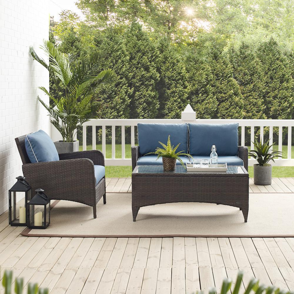 Kiawah 3Pc Outdoor Wicker Conversation Set Blue/Brown - Loveseat, Arm Chair & Coffee Table. Picture 10