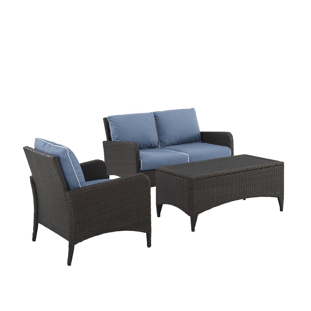 Kiawah 3Pc Outdoor Wicker Conversation Set Blue/Brown - Loveseat, Arm Chair & Coffee Table. Picture 1