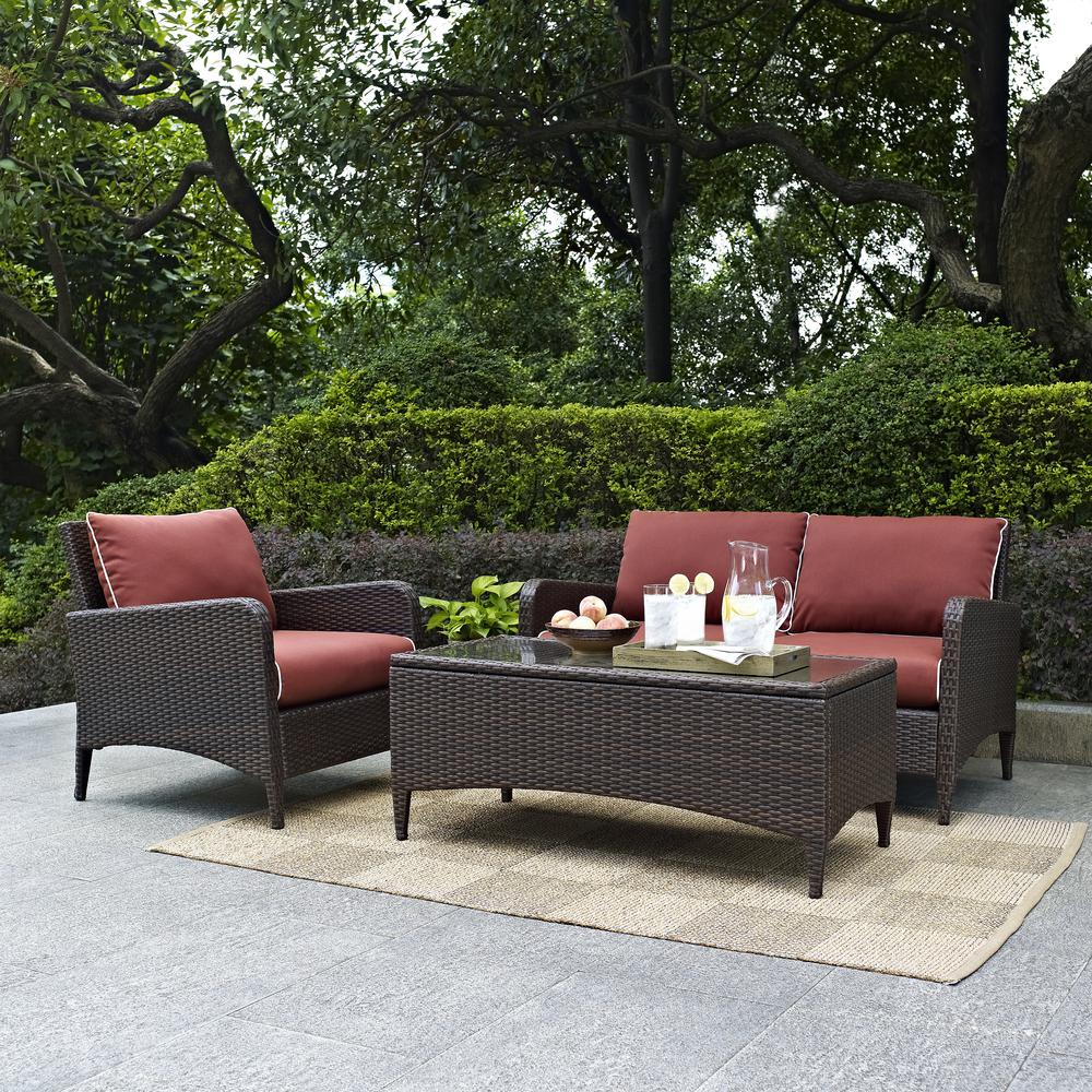 Kiawah 3Pc Outdoor Wicker Conversation Set Sangria/Brown - Loveseat, Arm Chair & Coffee Table. Picture 2