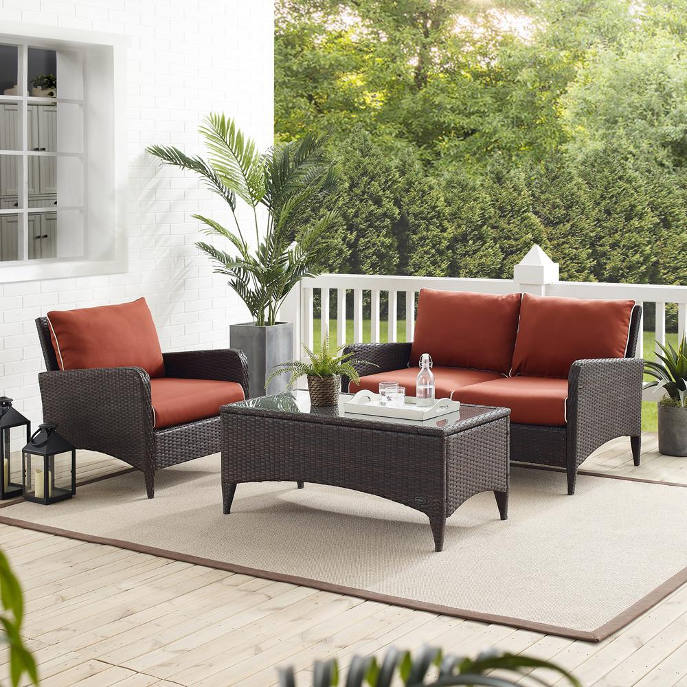 Kiawah 3Pc Outdoor Wicker Conversation Set Sangria/Brown - Loveseat, Arm Chair & Coffee Table. Picture 3