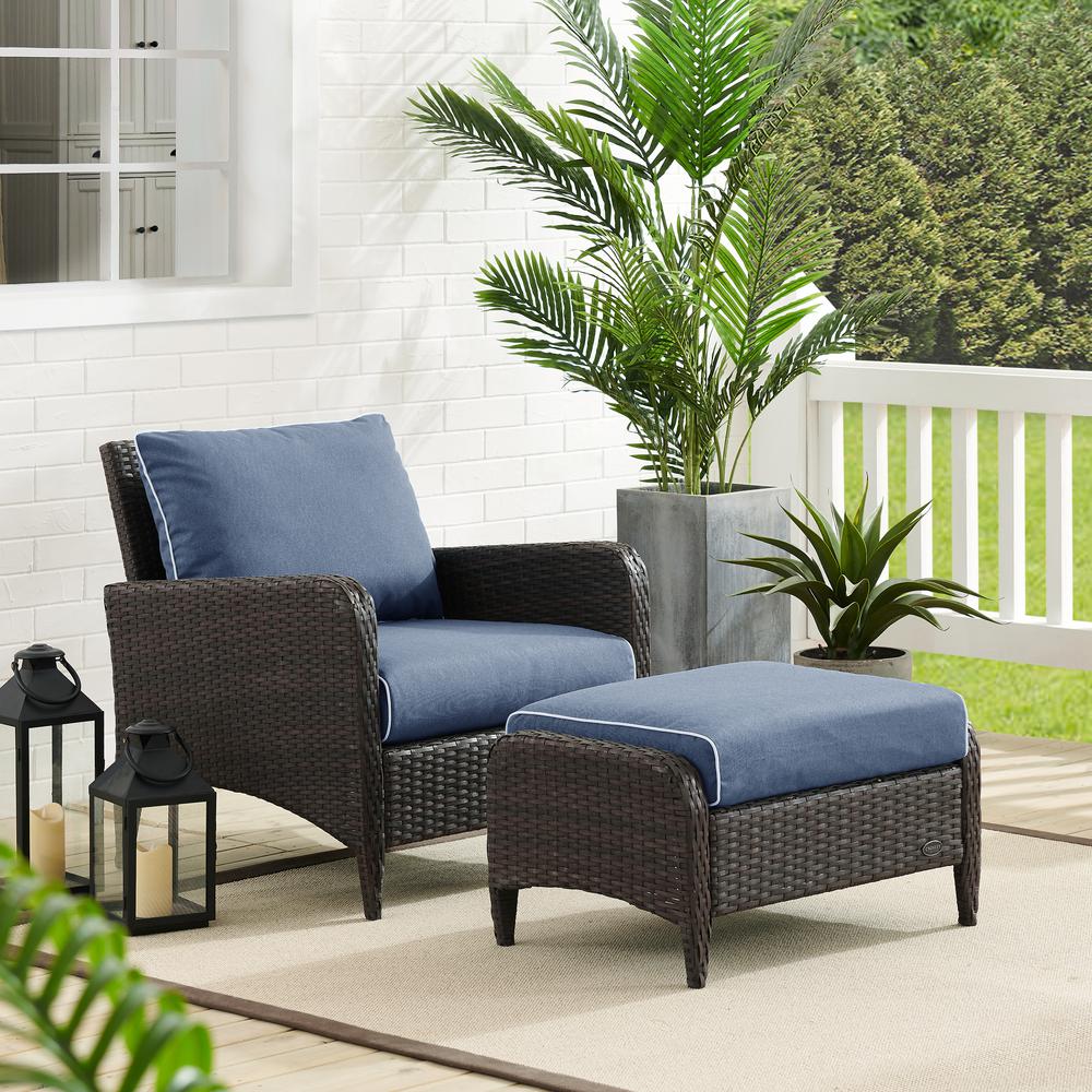 Kiawah 2Pc Outdoor Wicker Chair Set Blue/Brown - Armchair & Ottoman. Picture 8