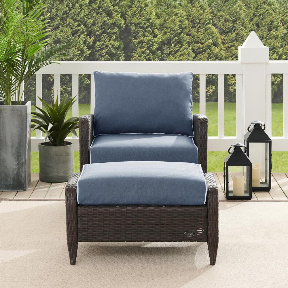 Kiawah 2Pc Outdoor Wicker Chair Set Blue/Brown - Armchair & Ottoman. Picture 9