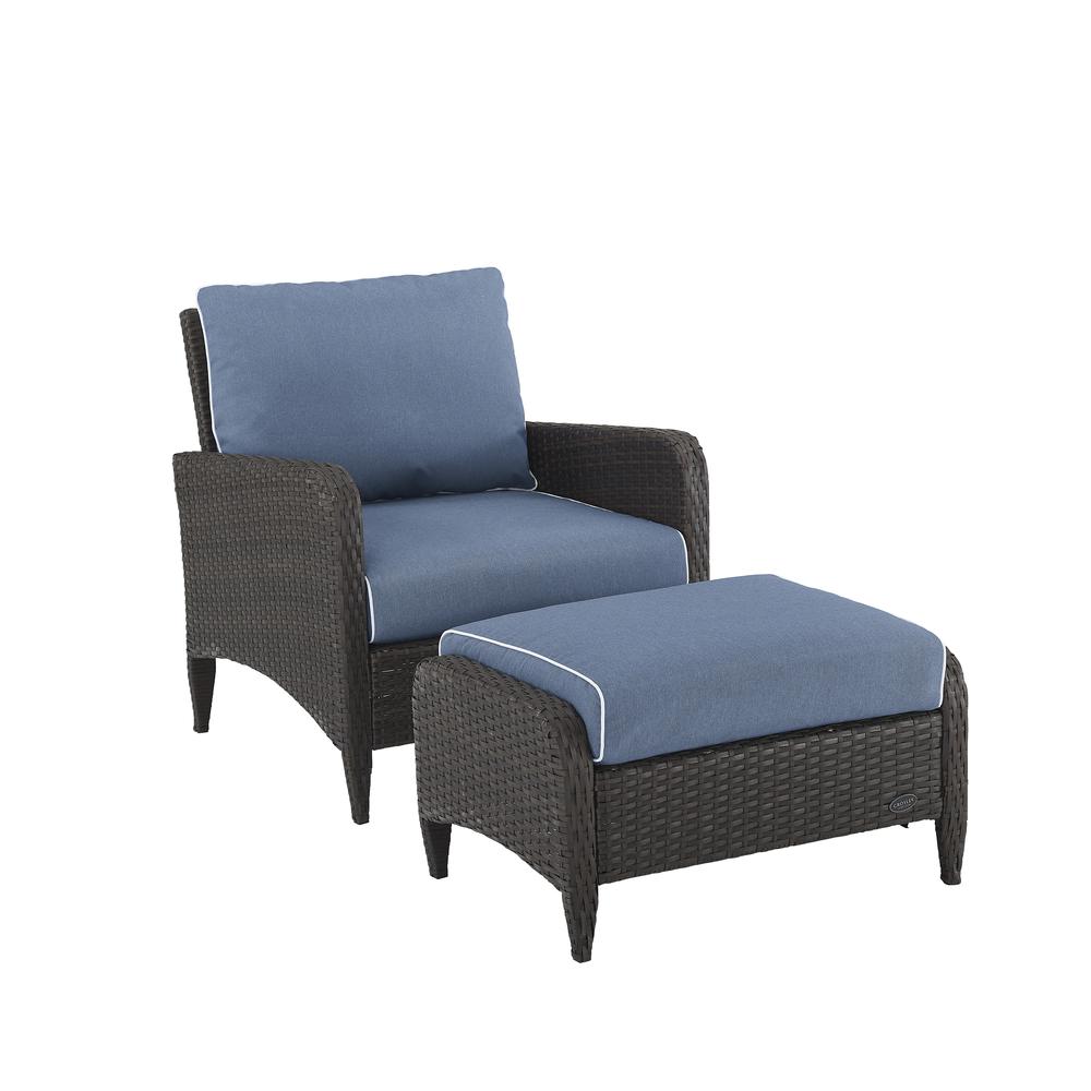 Kiawah 2Pc Outdoor Wicker Chair Set Blue/Brown - Arm Chair & Ottoman. Picture 1
