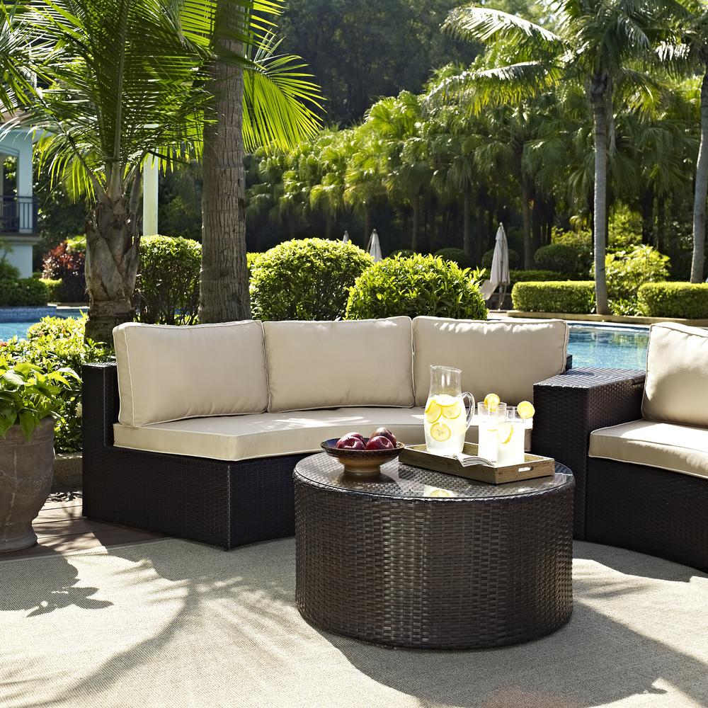 Catalina 2Pc Outdoor Wicker Sectional Set Sand/Brown - Sectional Sofa, Round Glass Top Coffee Table. Picture 2