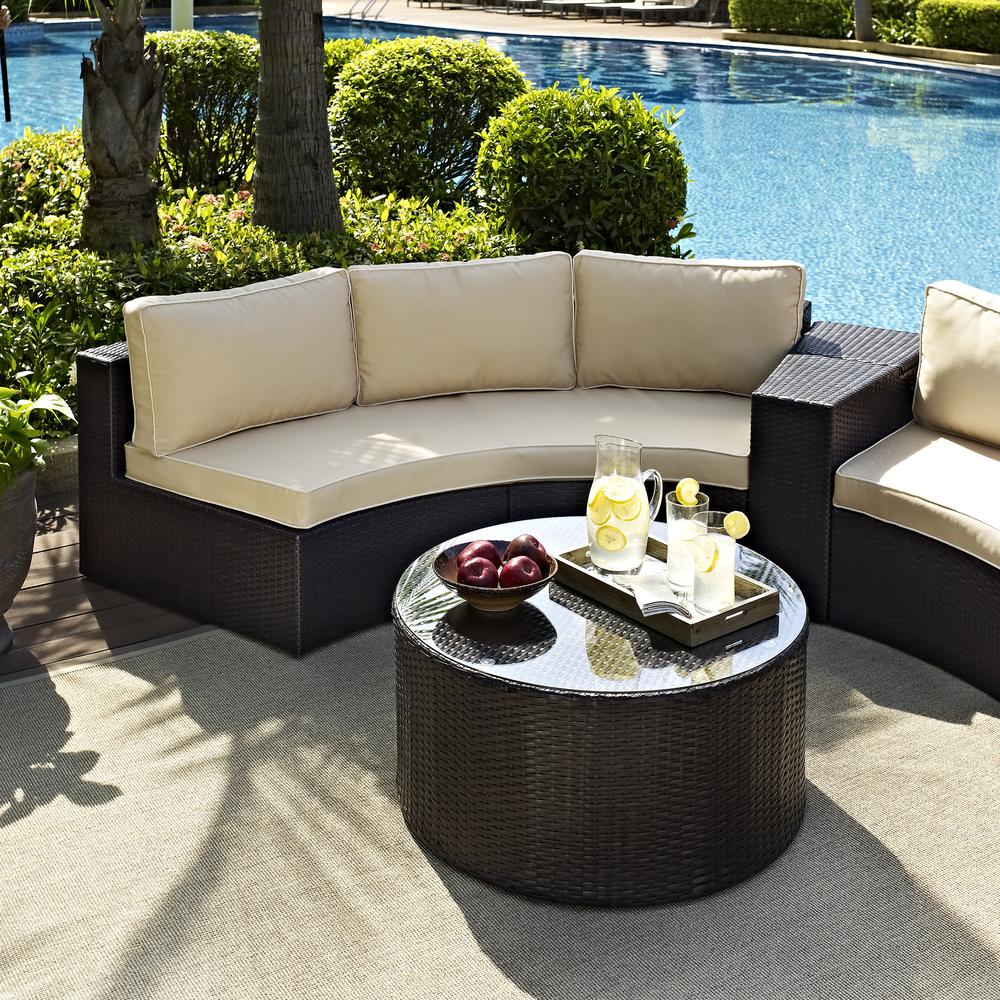 Catalina 2Pc Outdoor Wicker Sectional Set Sand/Brown - Sectional Sofa, Round Glass Top Coffee Table. Picture 3