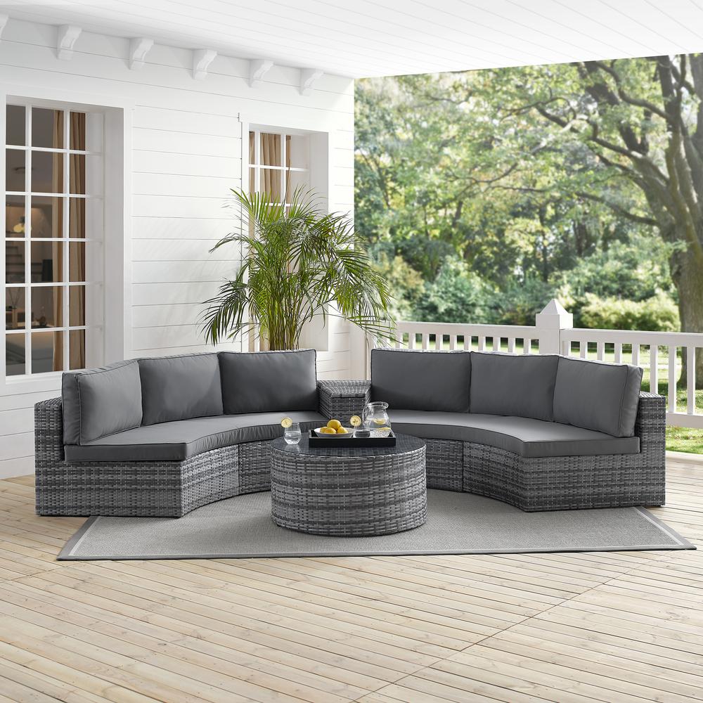Catalina 4Pc Outdoor Wicker Sectional Set Gray/Gray - Arm Table, Round Glass Top Coffee Table, & 2 Round Sectional Sofas. Picture 2