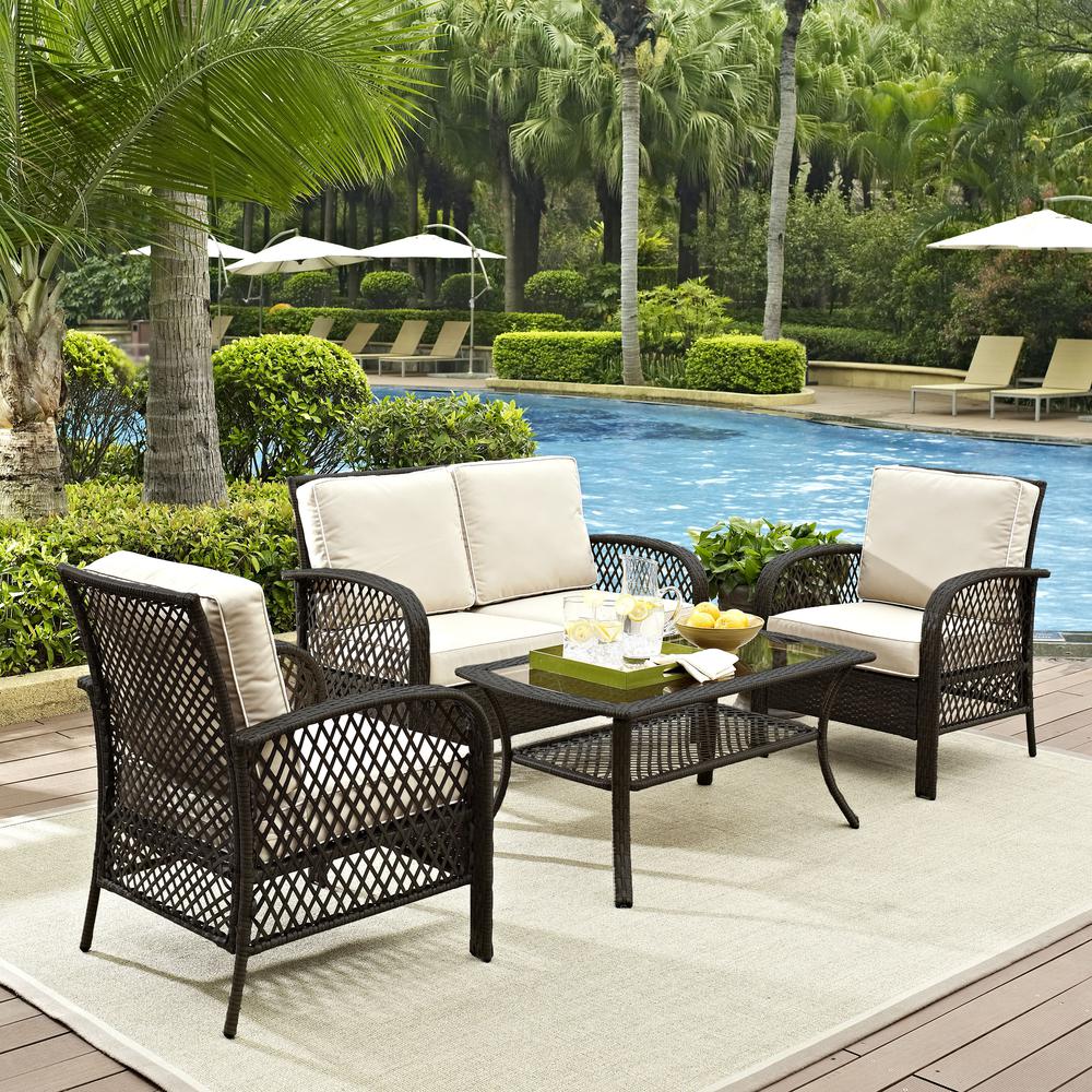 Tribeca 4Pc Outdoor Wicker Conversation Set Sand/Brown - Loveseat, Coffee Table, & 2 Arm Chairs. Picture 1