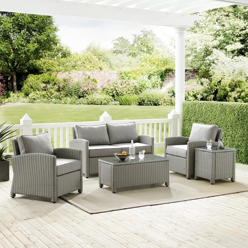 Bradenton 5Pc Outdoor Wicker Conversation Set Gray/Gray - Loveseat, 2 Arm Chairs, Side Table, Glass Top Table. Picture 2