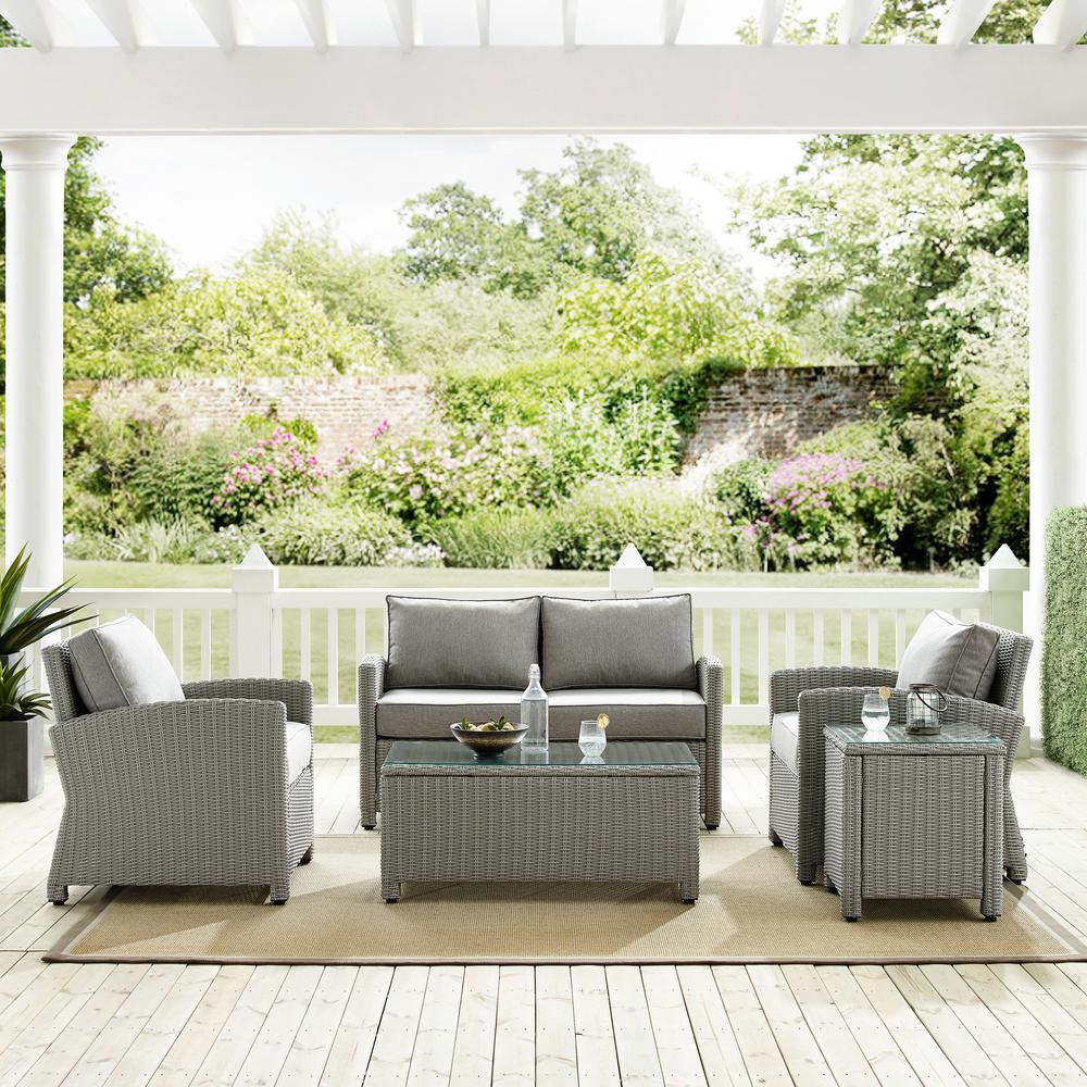 Bradenton 5Pc Outdoor Wicker Conversation Set Gray/Gray - Loveseat, 2 Arm Chairs, Side Table, Glass Top Table. Picture 4