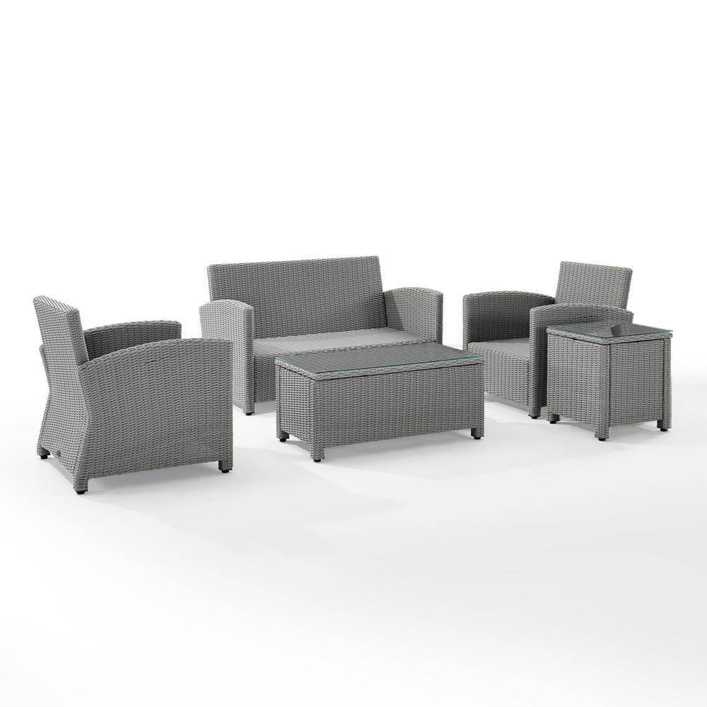 Bradenton 5Pc Outdoor Wicker Conversation Set Gray/Gray - Loveseat, 2 Arm Chairs, Side Table, Glass Top Table. Picture 9