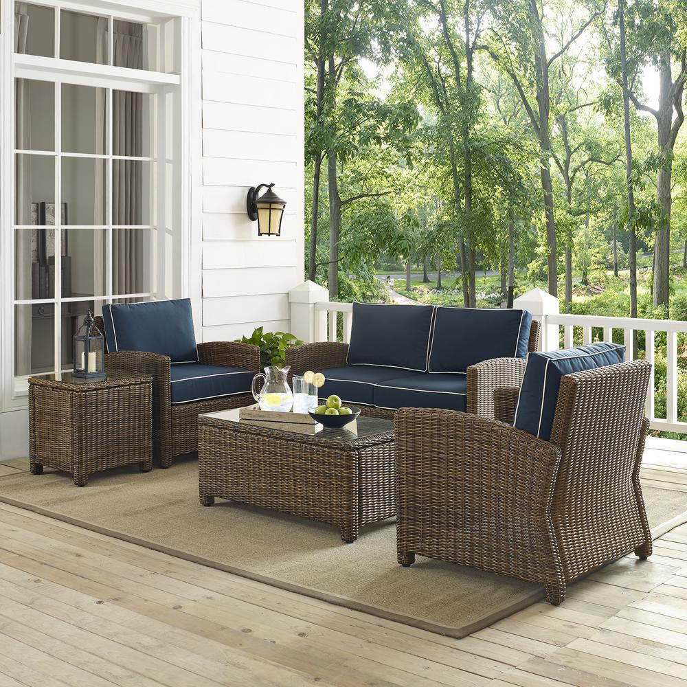Bradenton 5Pc Outdoor Wicker Conversation Set Navy/Weathered Brown - Loveseat, 2 Arm Chairs, Side Table, Glass Top Table. Picture 2