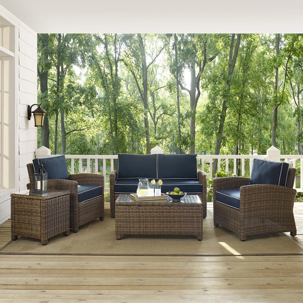 Bradenton 5Pc Outdoor Wicker Conversation Set Navy/Weathered Brown - Loveseat, 2 Arm Chairs, Side Table, Glass Top Table. Picture 3