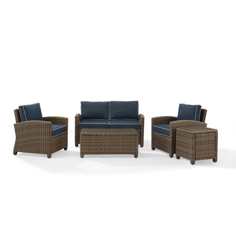 Bradenton 5Pc Outdoor Wicker Conversation Set Navy/Weathered Brown - Loveseat, 2 Arm Chairs, Side Table, Glass Top Table. Picture 1