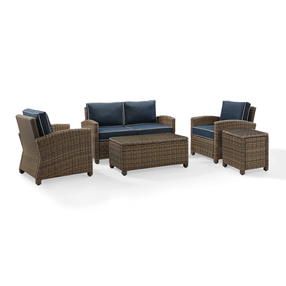 Bradenton 5Pc Outdoor Wicker Conversation Set Navy/Weathered Brown - Loveseat, 2 Arm Chairs, Side Table, Glass Top Table. Picture 4