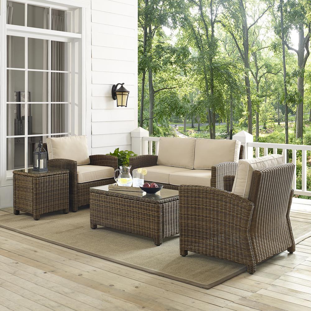 Bradenton 5Pc Outdoor Wicker Conversation Set Sand/Weathered Brown - Loveseat, 2 Arm Chairs, Side Table, Glass Top Table. Picture 2