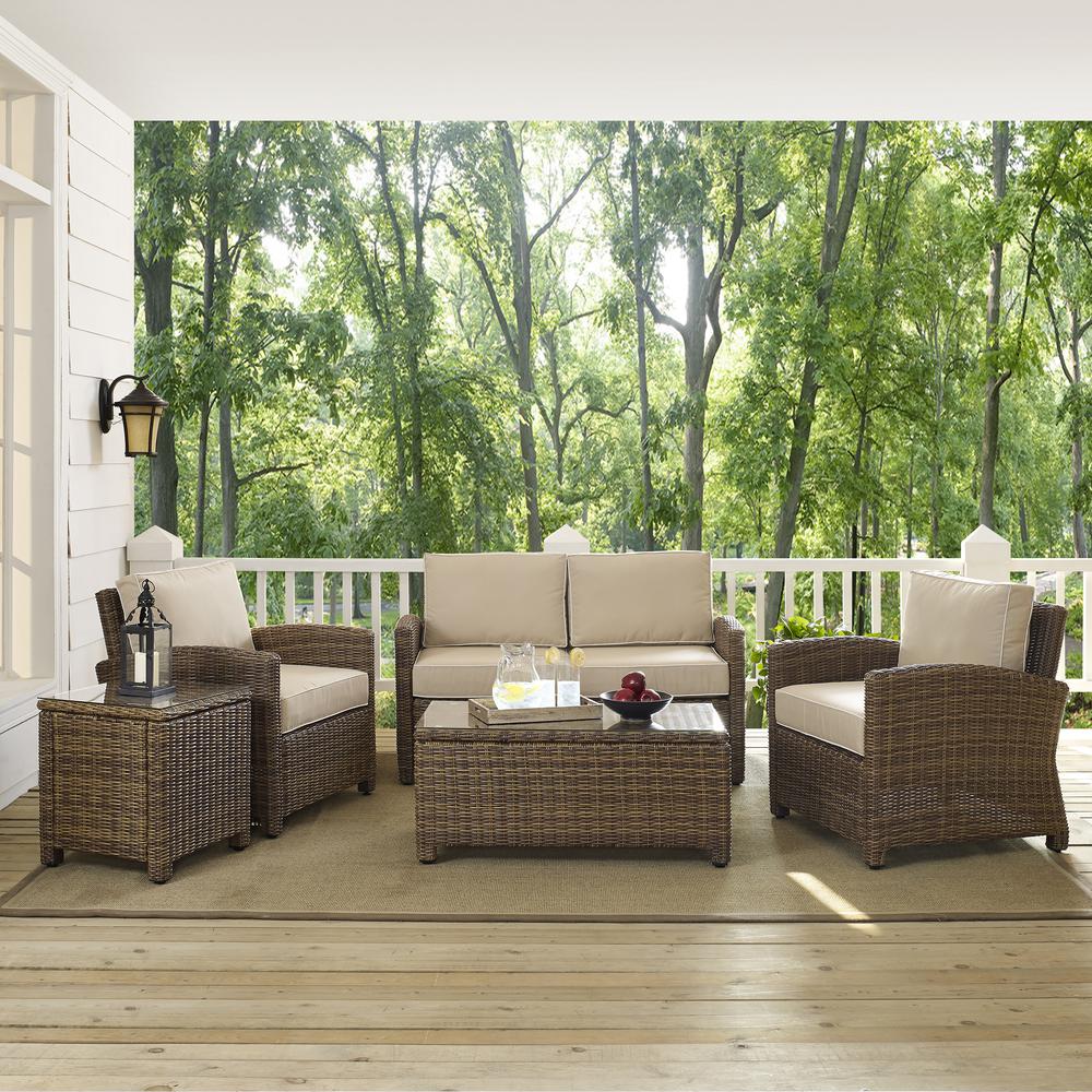 Bradenton 5Pc Outdoor Wicker Conversation Set Sand/Weathered Brown - Loveseat, 2 Arm Chairs, Side Table, Glass Top Table. Picture 3