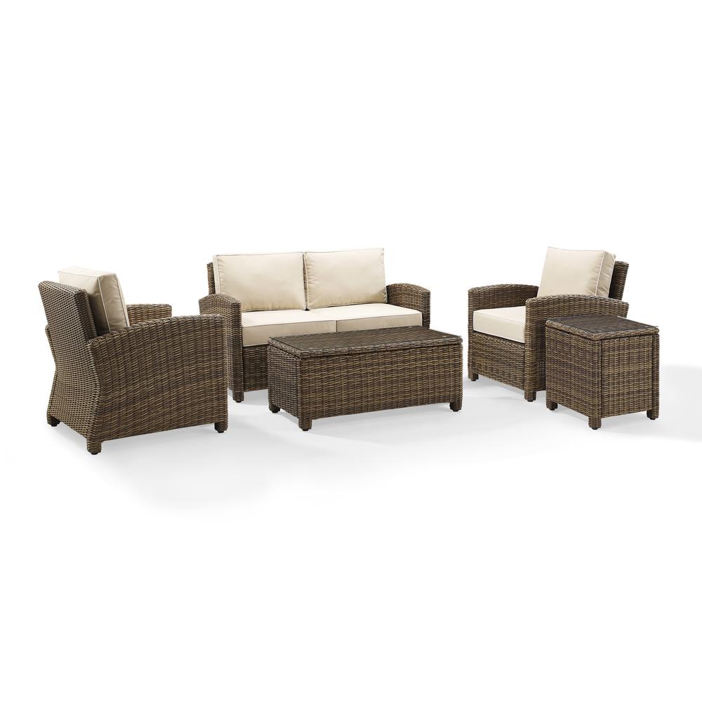 Bradenton 5Pc Outdoor Wicker Conversation Set Sand/Weathered Brown - Loveseat, 2 Arm Chairs, Side Table, Glass Top Table. Picture 4