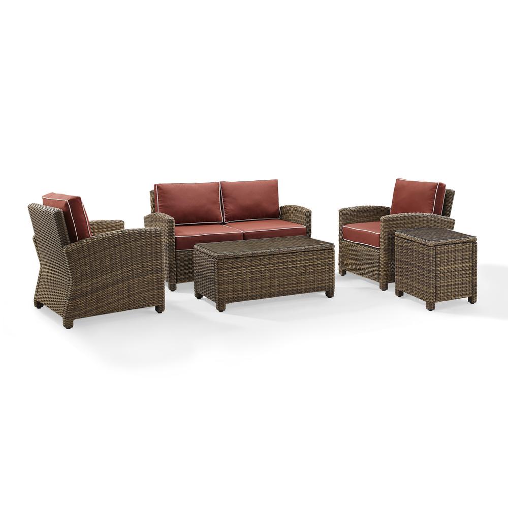 Bradenton 5Pc Outdoor Wicker Conversation Set Sangria/Weathered Brown - Loveseat, Side Table, Coffee Table, & 2 Armchairs. Picture 4
