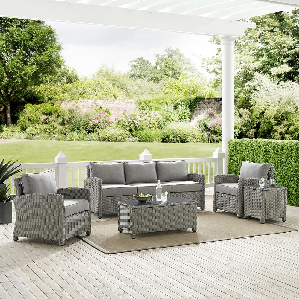 Bradenton 5Pc Outdoor Wicker Conversation Set Gray/Gray - Sofa, 2 Arm Chairs, Side Table, Glass Top Table. Picture 1