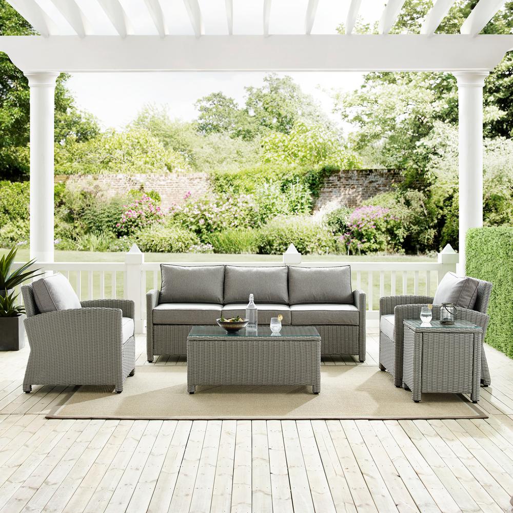 Bradenton 5Pc Outdoor Wicker Conversation Set Gray/Gray - Sofa, 2 Arm Chairs, Side Table, Glass Top Table. Picture 3