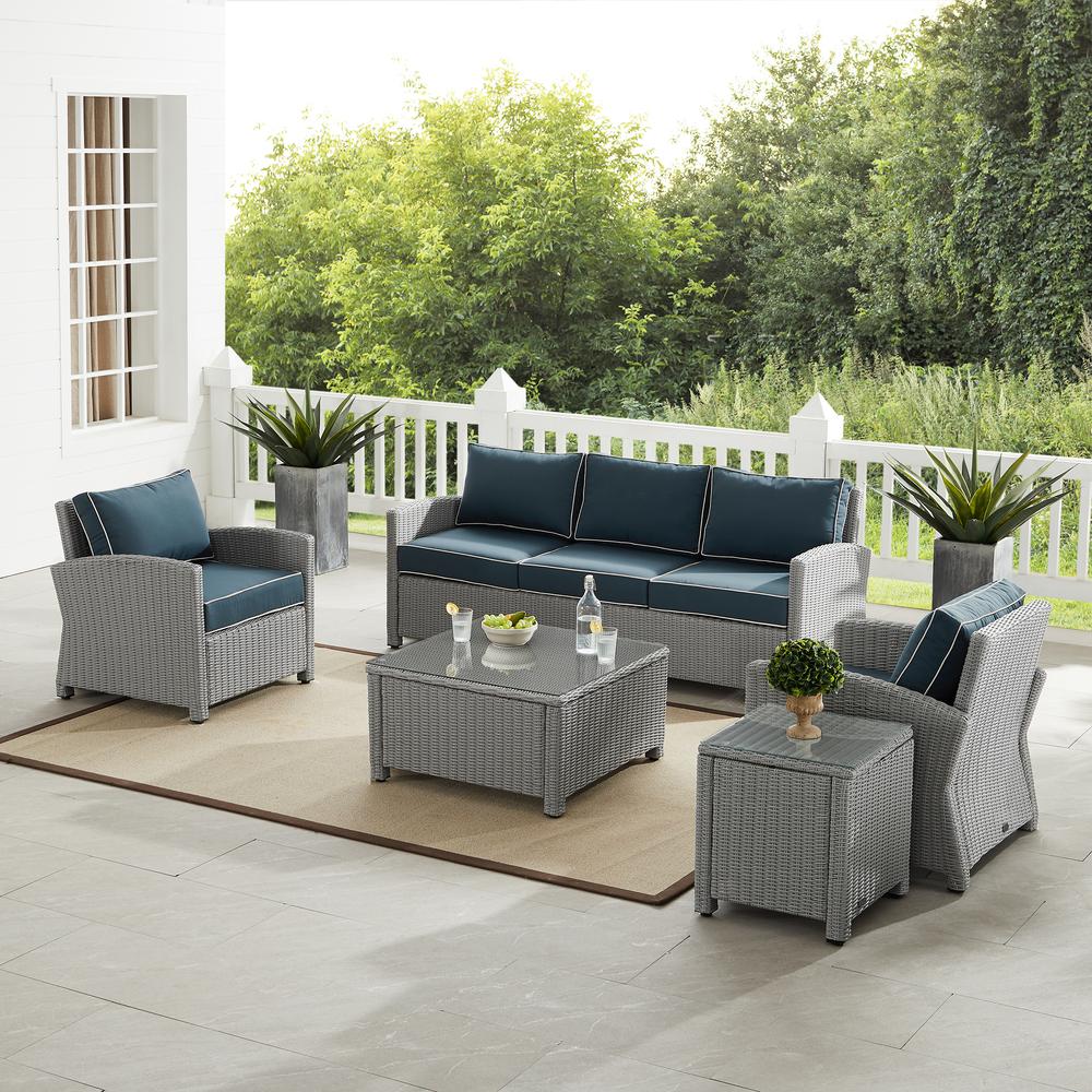 Bradenton 5Pc Outdoor Wicker Sofa Set Navy/Gray - Sofa, Side Table, Coffee Table, & 2 Armchairs. Picture 1