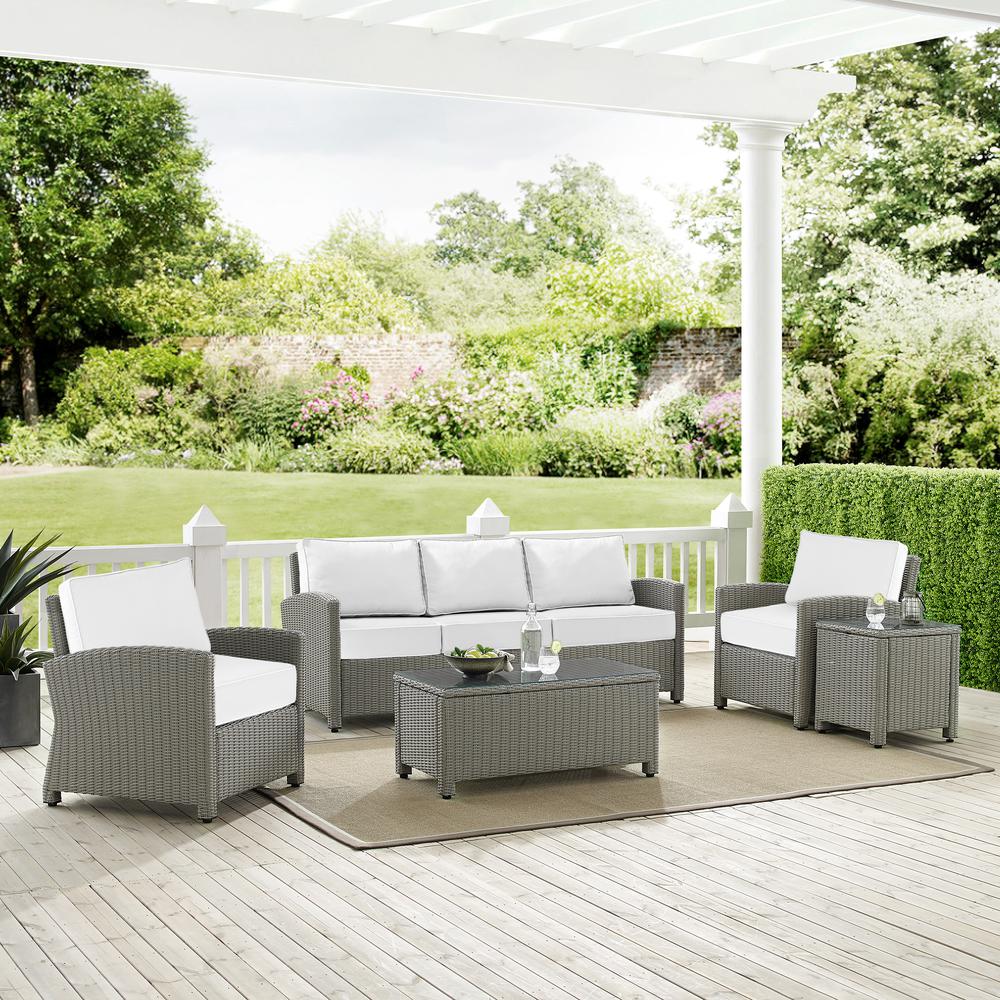 Bradenton 5Pc Outdoor Wicker Sofa Set - Sunbrella White/Gray - Sofa, Side Table, Coffee Table, & 2 Armchairs. Picture 1