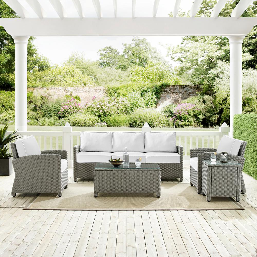 Bradenton 5Pc Outdoor Wicker Sofa Set - Sunbrella White/Gray - Sofa, Side Table, Coffee Table, & 2 Armchairs. Picture 2