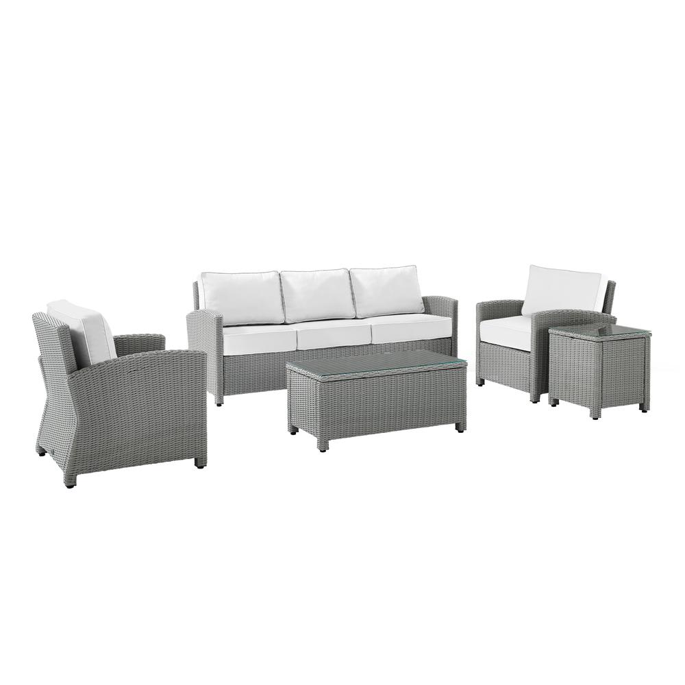 Bradenton 5Pc Outdoor Wicker Sofa Set - Sunbrella White/Gray - Sofa, Side Table, Coffee Table, & 2 Armchairs. Picture 14