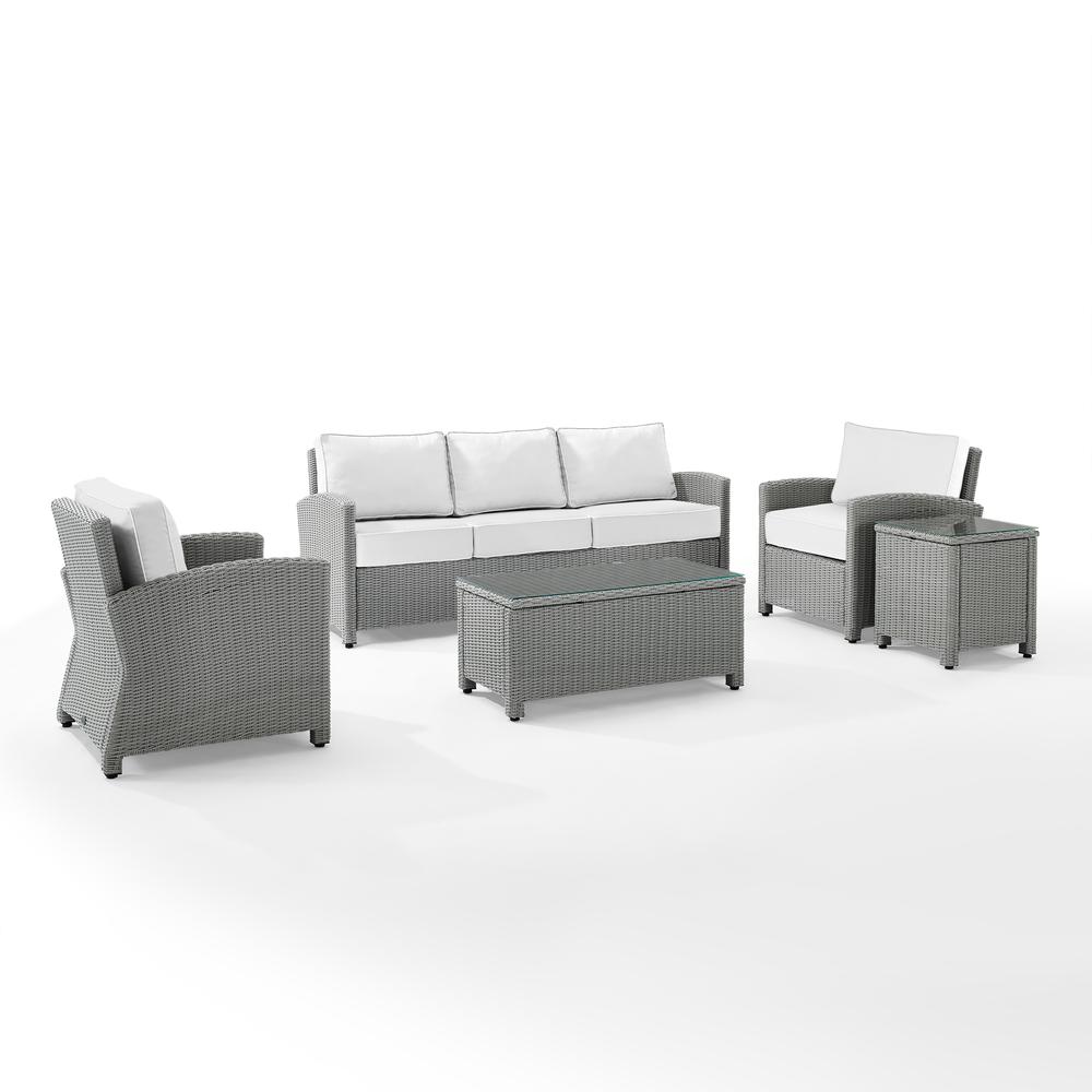 Bradenton 5Pc Outdoor Wicker Sofa Set - Sunbrella White/Gray - Sofa, Side Table, Coffee Table, & 2 Armchairs. Picture 6