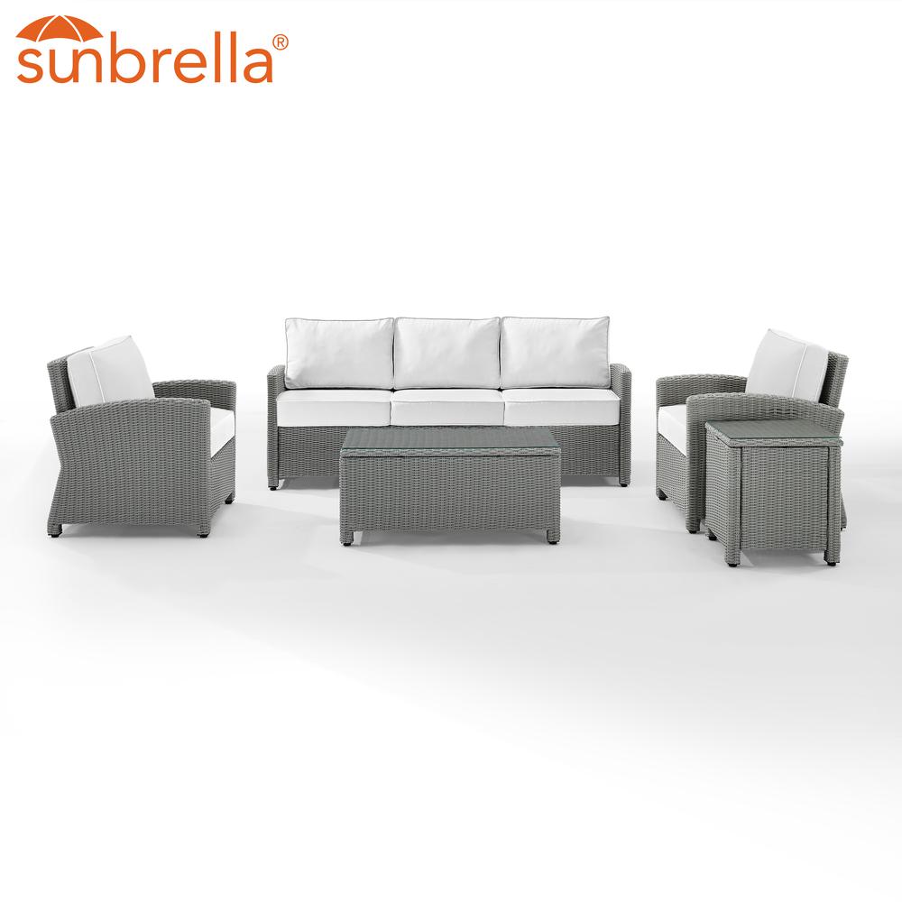 Bradenton 5Pc Outdoor Wicker Sofa Set - Sunbrella White/Gray - Sofa, Side Table, Coffee Table, & 2 Armchairs. Picture 7