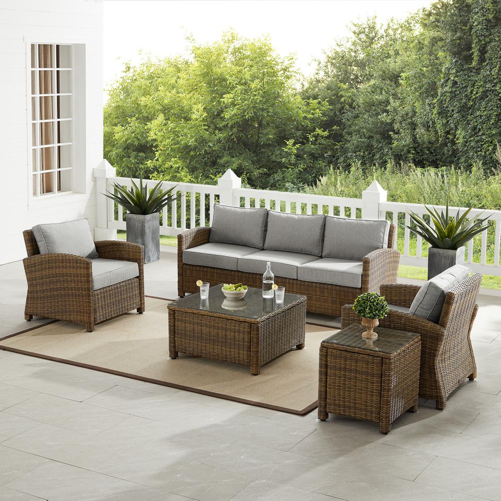 Bradenton 5Pc Outdoor Wicker Sofa Set Gray/Weathered Brown - Sofa, Side Table, Coffee Table, & 2 Armchairs. Picture 1