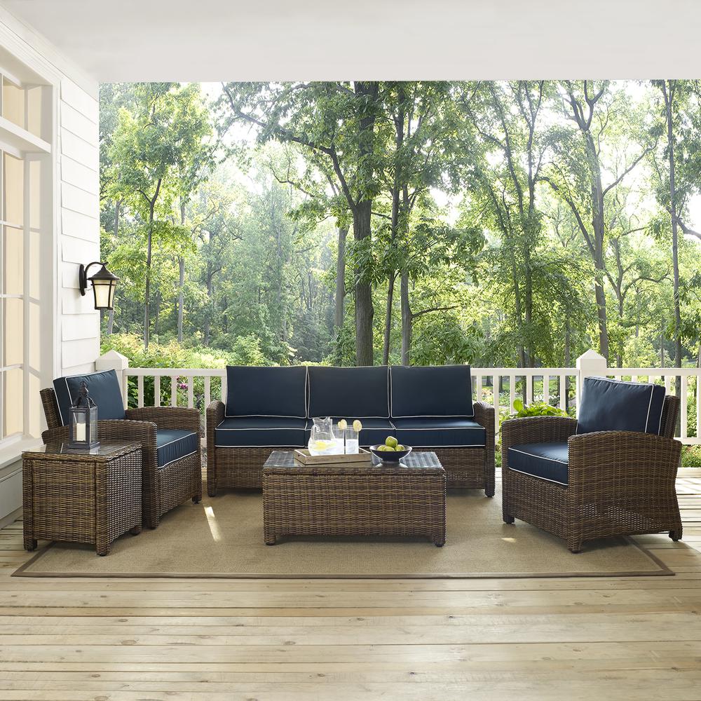 Bradenton 5Pc Outdoor Wicker Conversation Set Navy/Weathered Brown - Sofa, 2 Arm Chairs, Side Table, Glass Top Table. Picture 4
