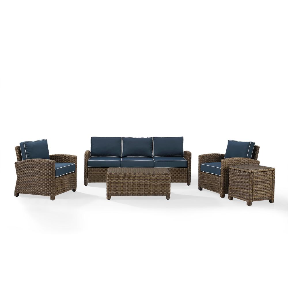 Bradenton 5Pc Outdoor Wicker Conversation Set Navy/Weathered Brown - Sofa, 2 Arm Chairs, Side Table, Glass Top Table. Picture 1
