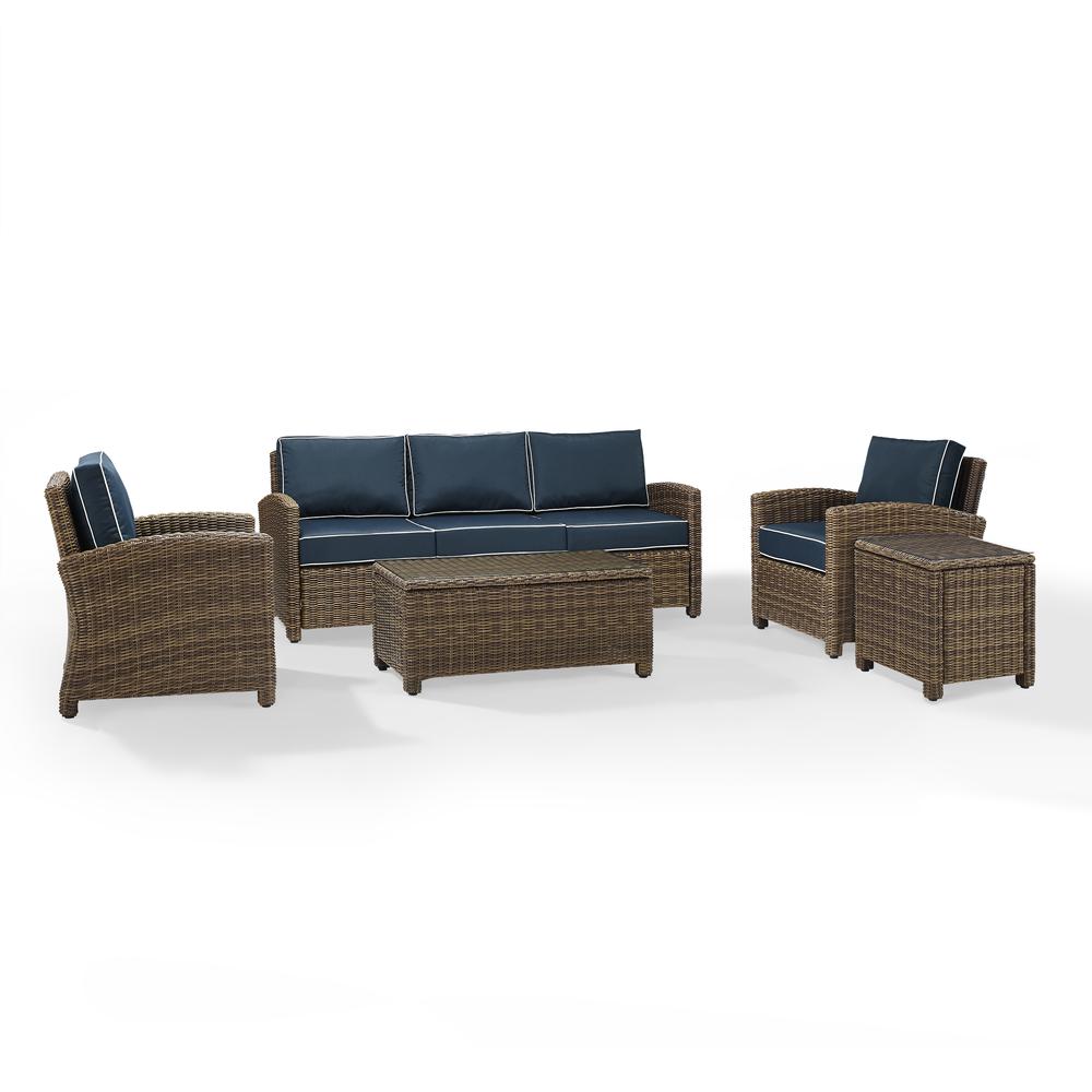 Bradenton 5Pc Outdoor Wicker Conversation Set Navy/Weathered Brown - Sofa, 2 Arm Chairs, Side Table, Glass Top Table. Picture 7