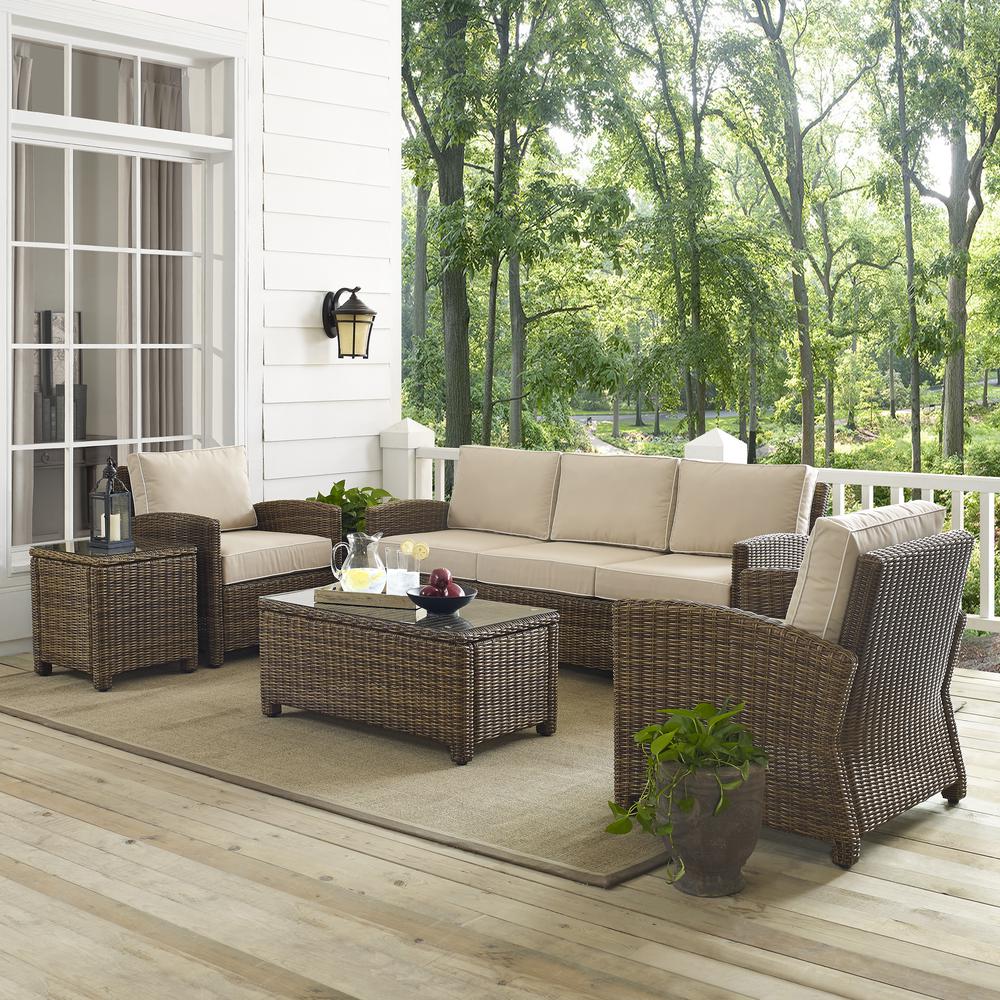 Bradenton 5Pc Outdoor Wicker Conversation Set Sand/Weathered Brown - Sofa, 2 Arm Chairs, Side Table, Glass Top Table. Picture 3