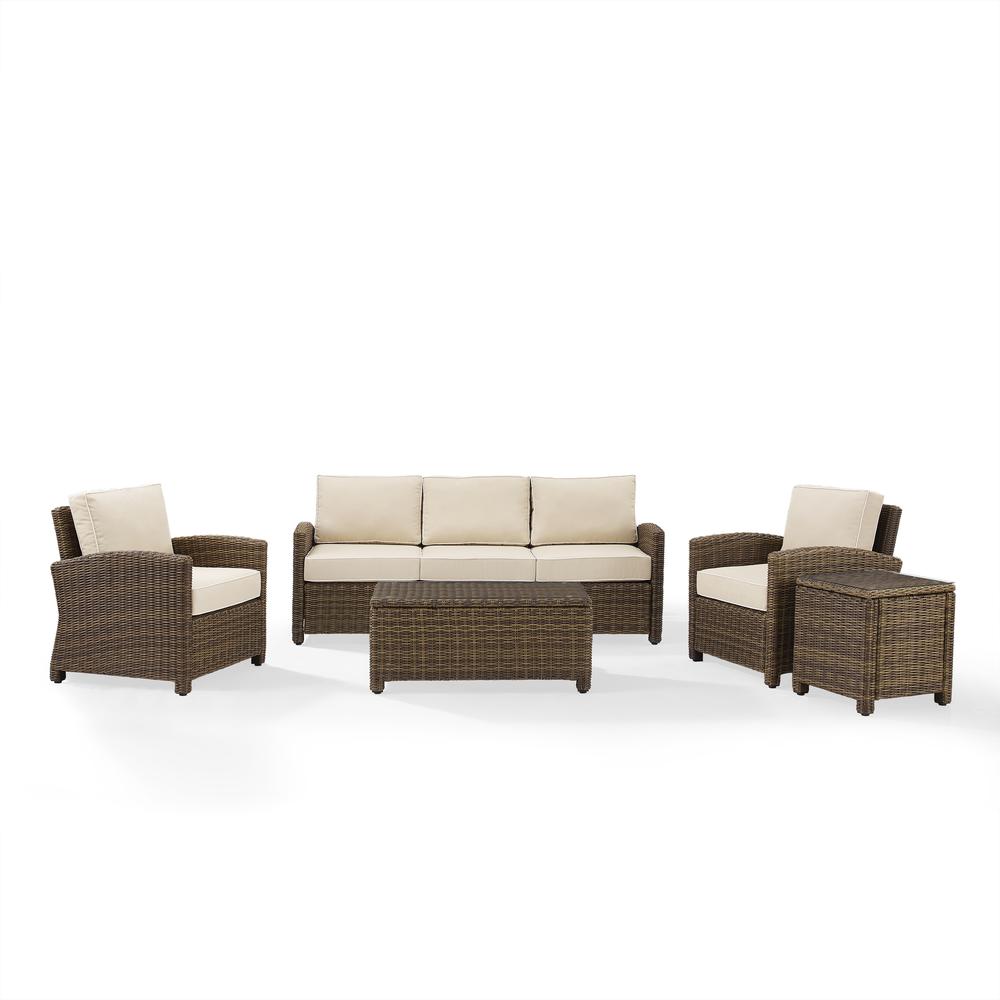 Bradenton 5Pc Outdoor Wicker Conversation Set Sand/Weathered Brown - Sofa, 2 Arm Chairs, Side Table, Glass Top Table. Picture 1