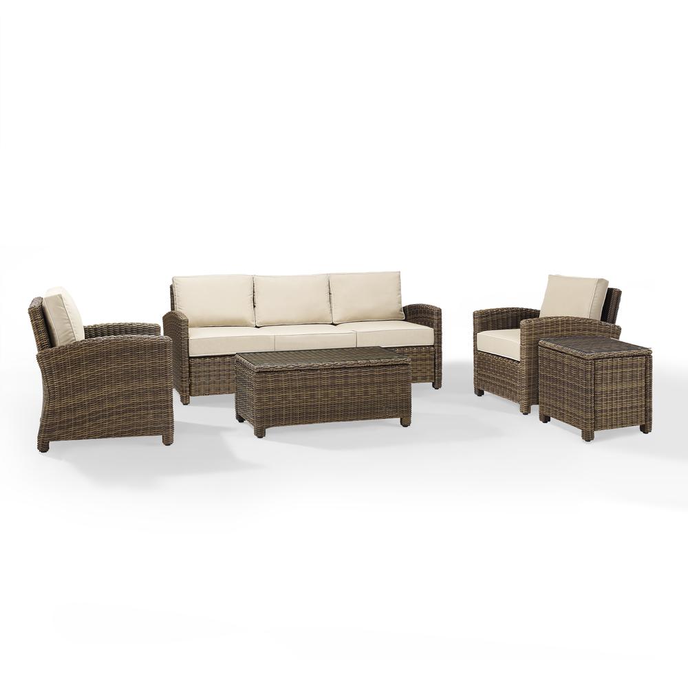 Bradenton 5Pc Outdoor Wicker Conversation Set Sand/Weathered Brown - Sofa, 2 Arm Chairs, Side Table, Glass Top Table. Picture 8