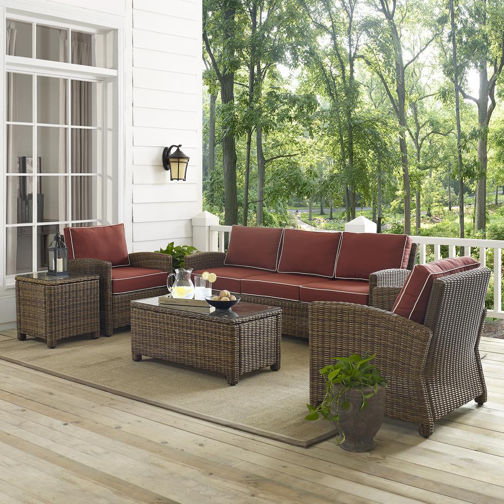 Bradenton 5Pc Outdoor Wicker Conversation Set Sangria/Weathered Brown - Sofa, 2 Arm Chairs, Side Table, Glass Top Table. Picture 3