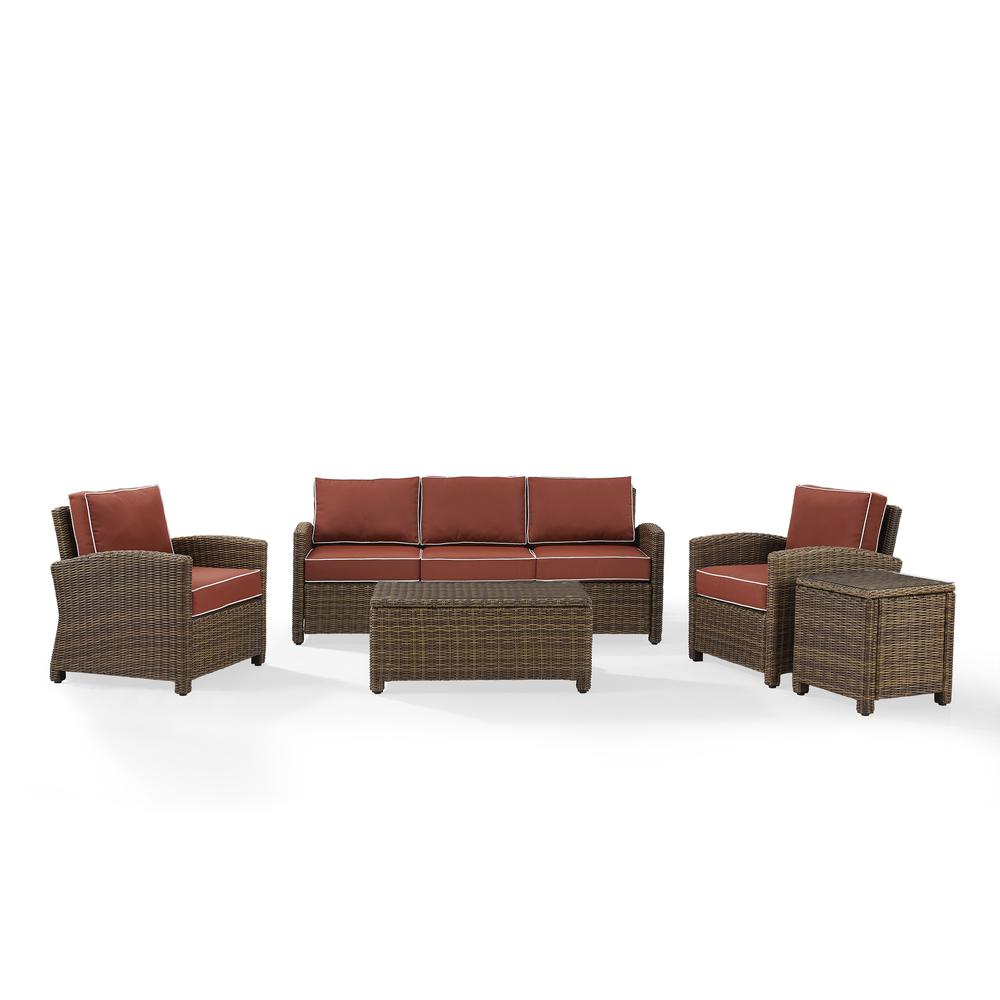 Bradenton 5Pc Outdoor Wicker Conversation Set Sangria/Weathered Brown - Sofa, 2 Arm Chairs, Side Table, Glass Top Table. Picture 1