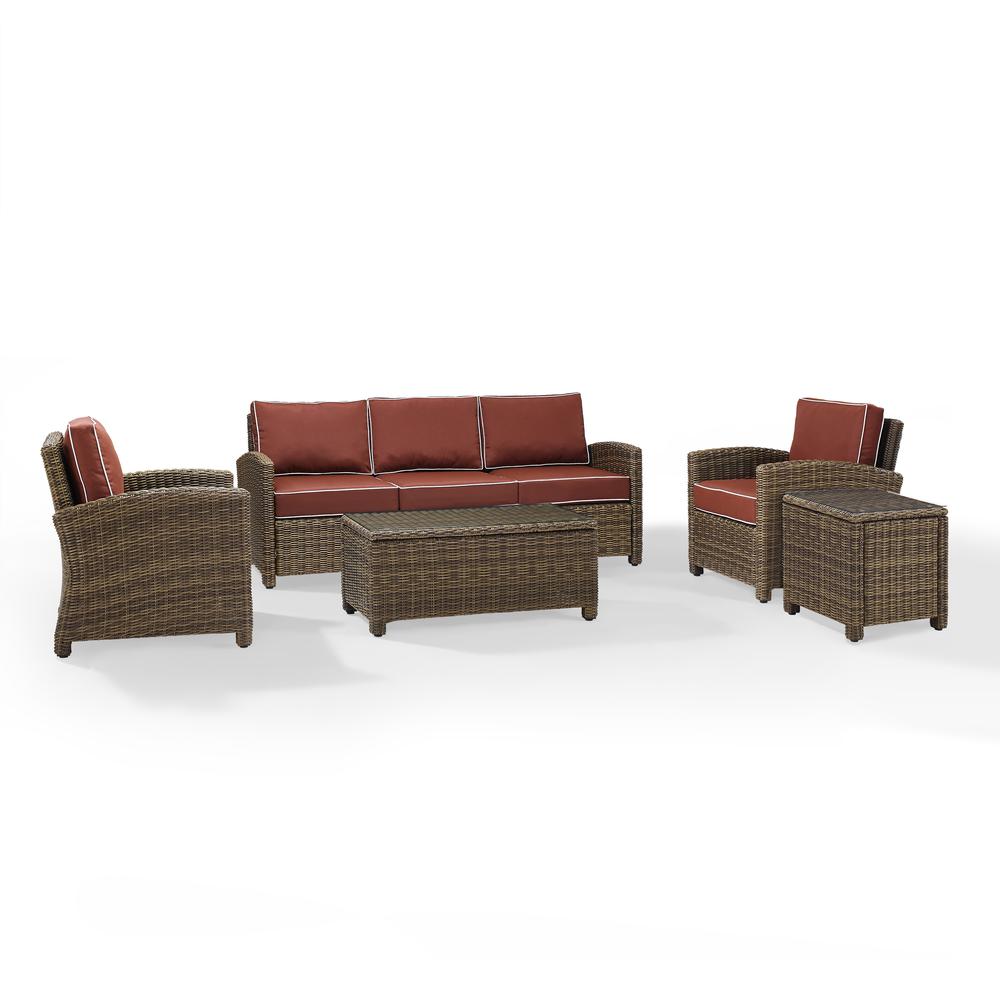 Bradenton 5Pc Outdoor Wicker Conversation Set Sangria/Weathered Brown - Sofa, 2 Arm Chairs, Side Table, Glass Top Table. Picture 8