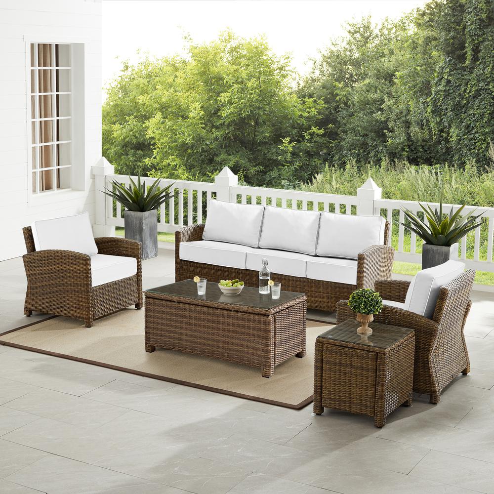 Bradenton 5Pc Outdoor Wicker Sofa Set - Sunbrella White/ Weathered Brown - Sofa, Side Table, Coffee Table, & 2 Armchairs. Picture 12