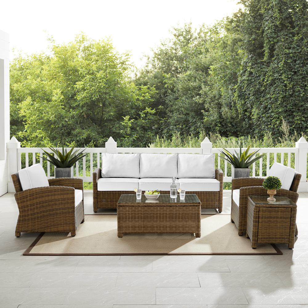 Bradenton 5Pc Outdoor Wicker Sofa Set - Sunbrella White/ Weathered Brown - Sofa, Side Table, Coffee Table, & 2 Armchairs. Picture 13
