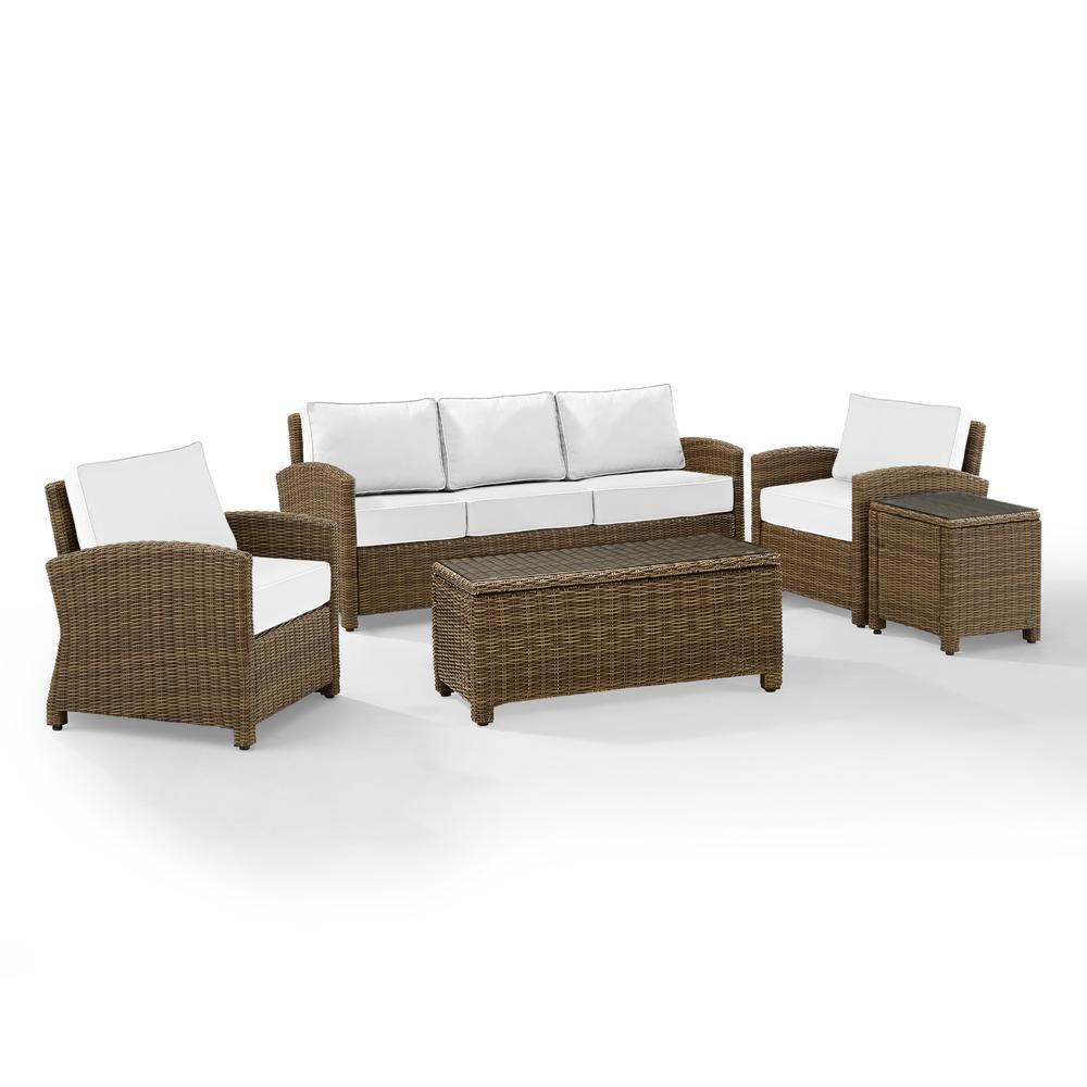 Bradenton 5Pc Outdoor Wicker Sofa Set - Sunbrella White/ Weathered Brown - Sofa, Side Table, Coffee Table, & 2 Armchairs. Picture 1